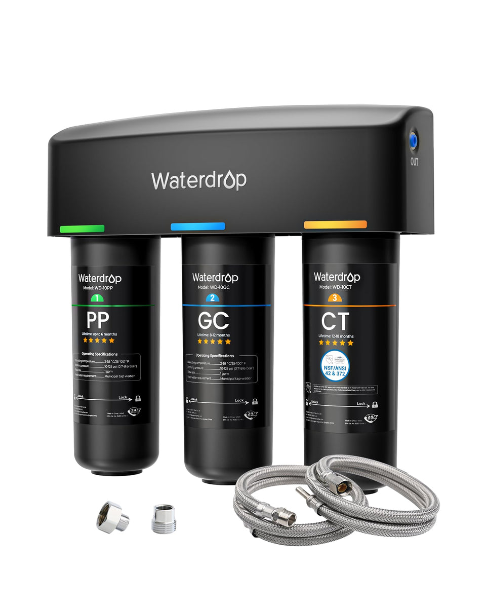 Waterdrop TSA 8-layer under-sink filter system front view for compact kitchen setup and clear water output