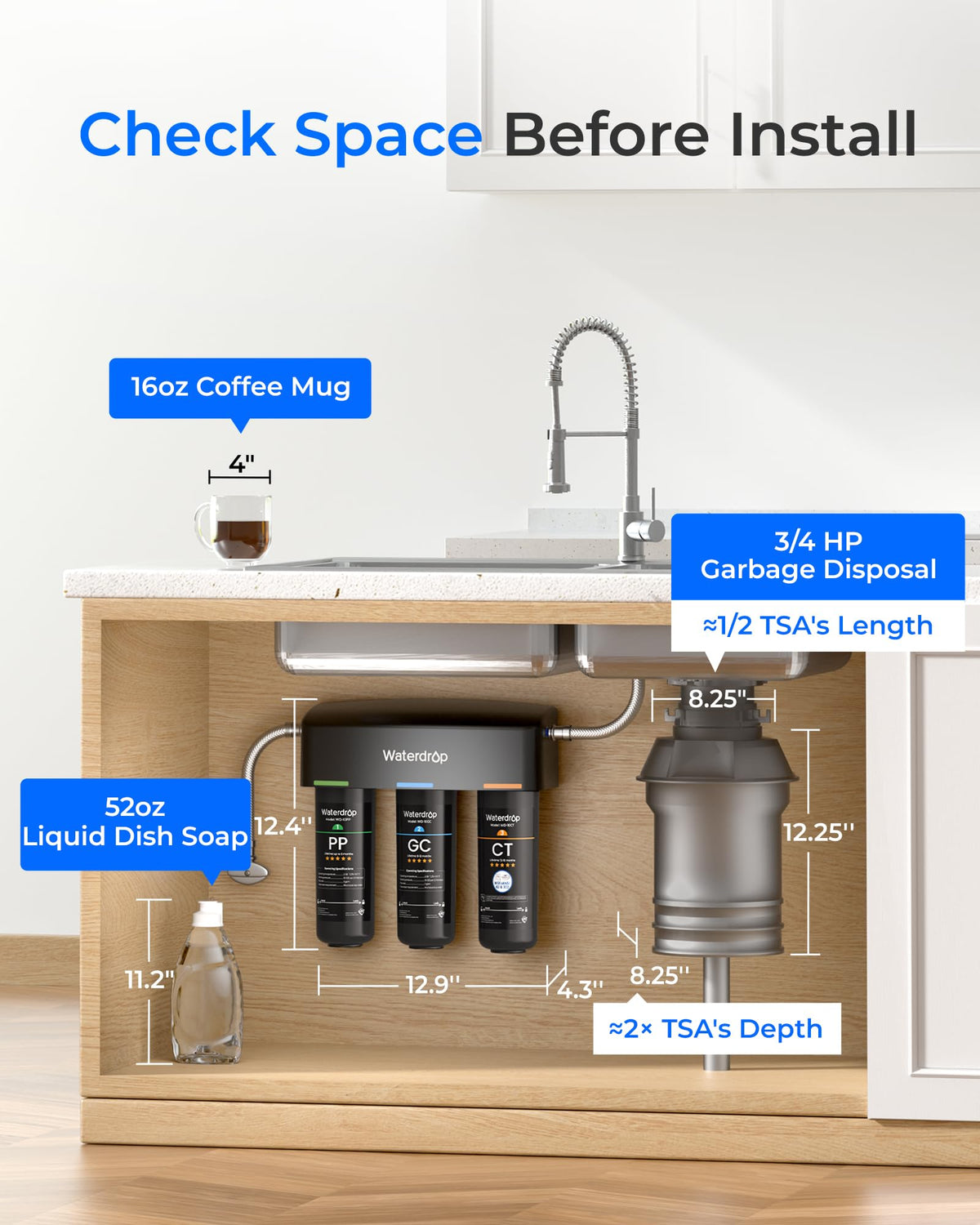 Waterdrop TSA under-sink connection to faucet illustrating direct faucet output