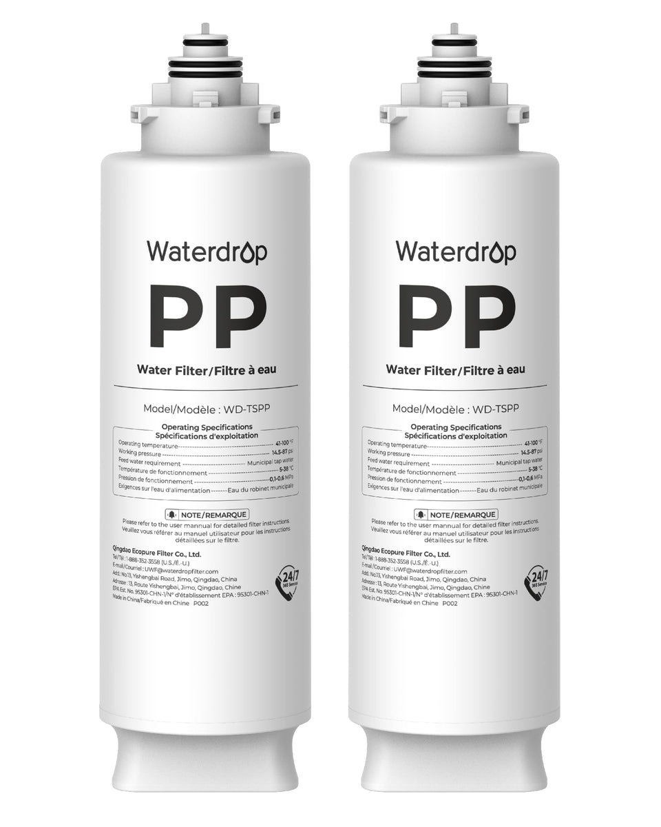 Waterdrop TSPP under-sink sediment filter pack front shows easy replacement and compact design.