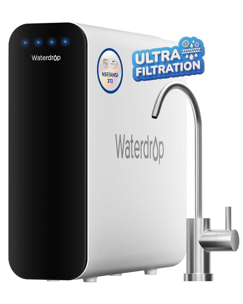Waterdrop TSU membrane close-up highlighting 0.01 micron precision for cleaner taste.