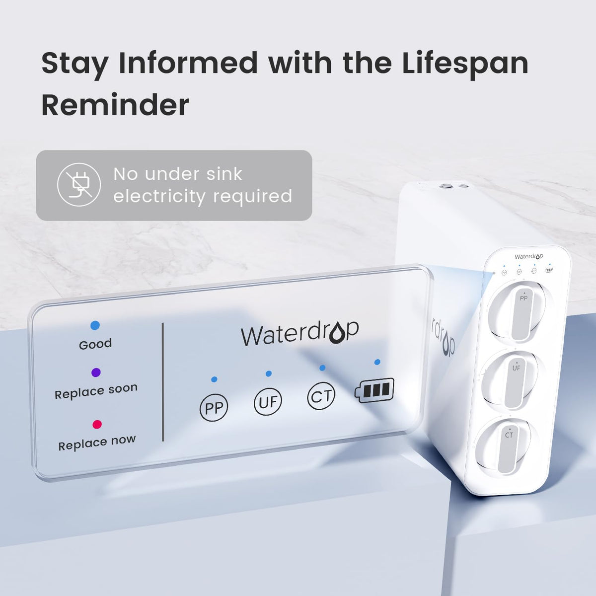 Waterdrop TSU-WB installed under-sink setup with stainless faucet