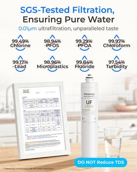 Waterdrop undersink filtration system installed under the kitchen sink.