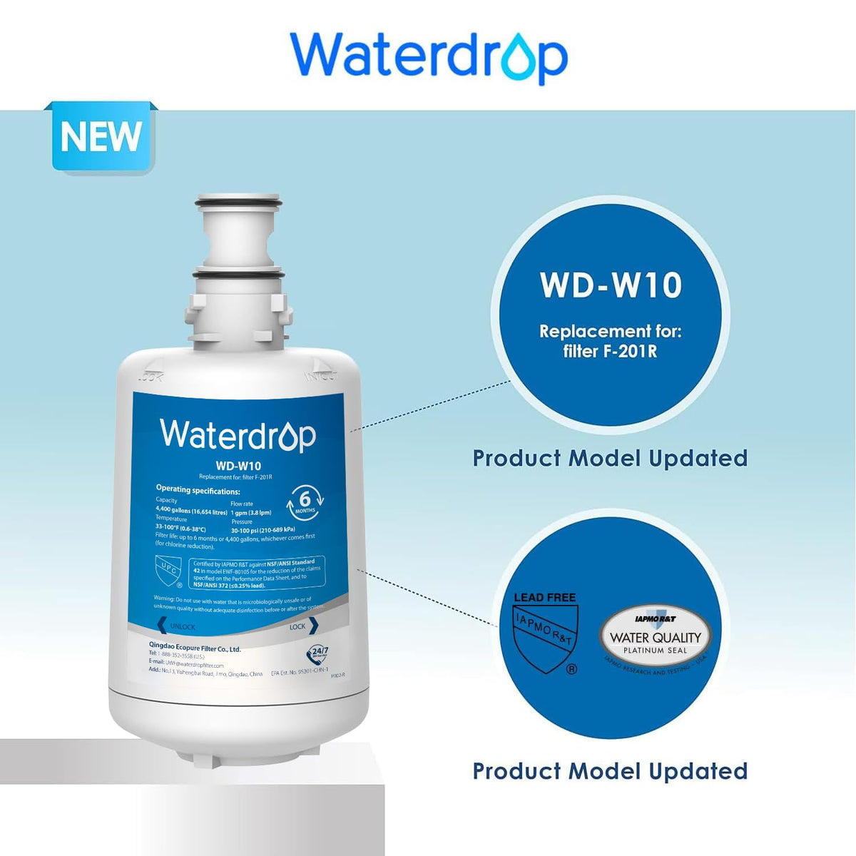 Waterdrop WD-W10 side profile shows compact housing suitable for under-sink setups