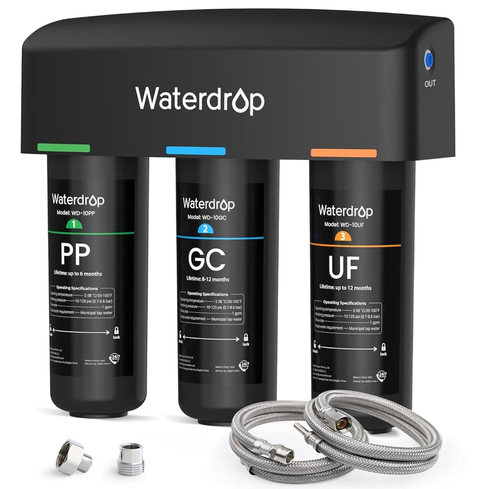 Waterdrop WD-TSA-UF under-sink installation demonstrates quick, twist-lock setup for clean water.