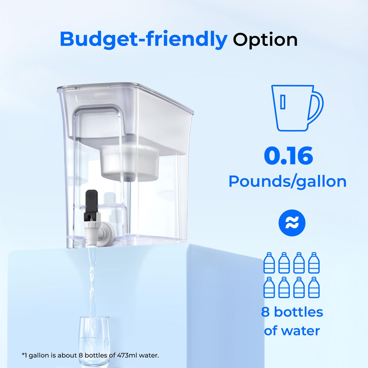 Waterdrop WFD-40W-L dispenser side view highlights slim profile for tight spaces.