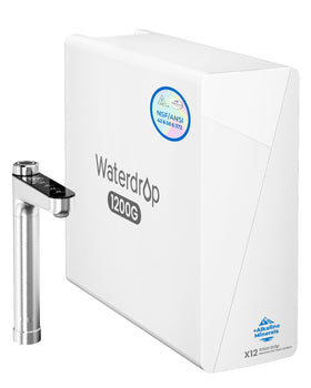 Waterdrop X12 front view shows compact tankless setup for space-saving under-sink installation.
