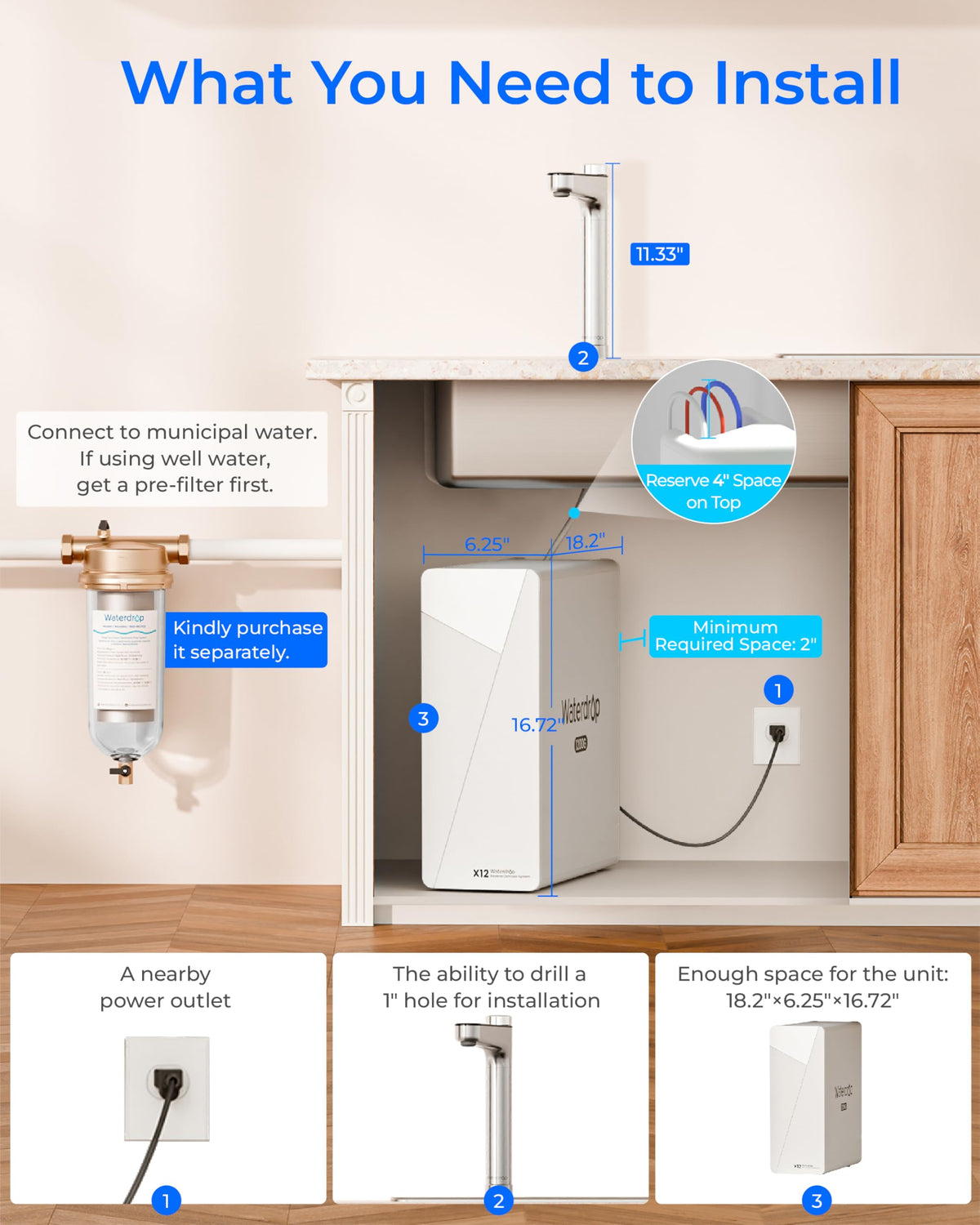 Waterdrop X12 kitchen-ready setup illustrates versatile home use for drinking and cooking.