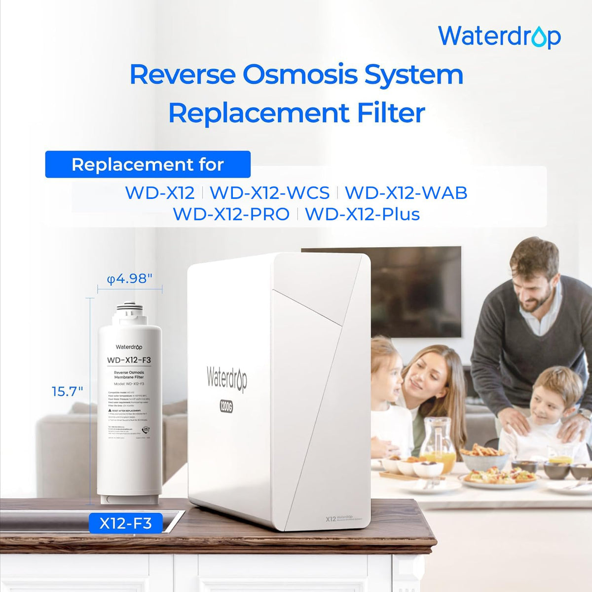 Waterdrop X12-F3 filter quick-swap shows easy 3-second replacement.