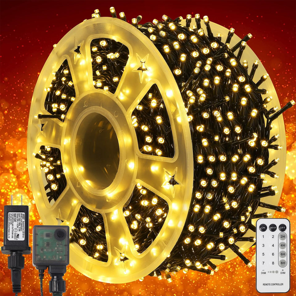Waterglide 1000 LED bulbs illuminate a festive outdoor scene with Christmas lights.