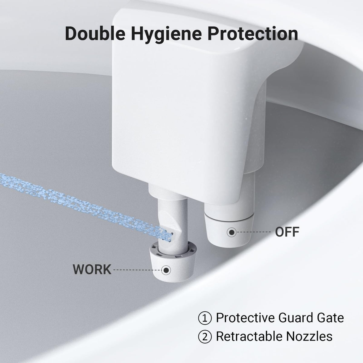 WaterLACE bidet attachment offers adjustable pressure control for comfort.