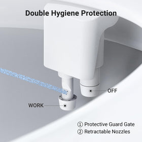 WaterLACE bidet attachment offers adjustable pressure control for comfort.