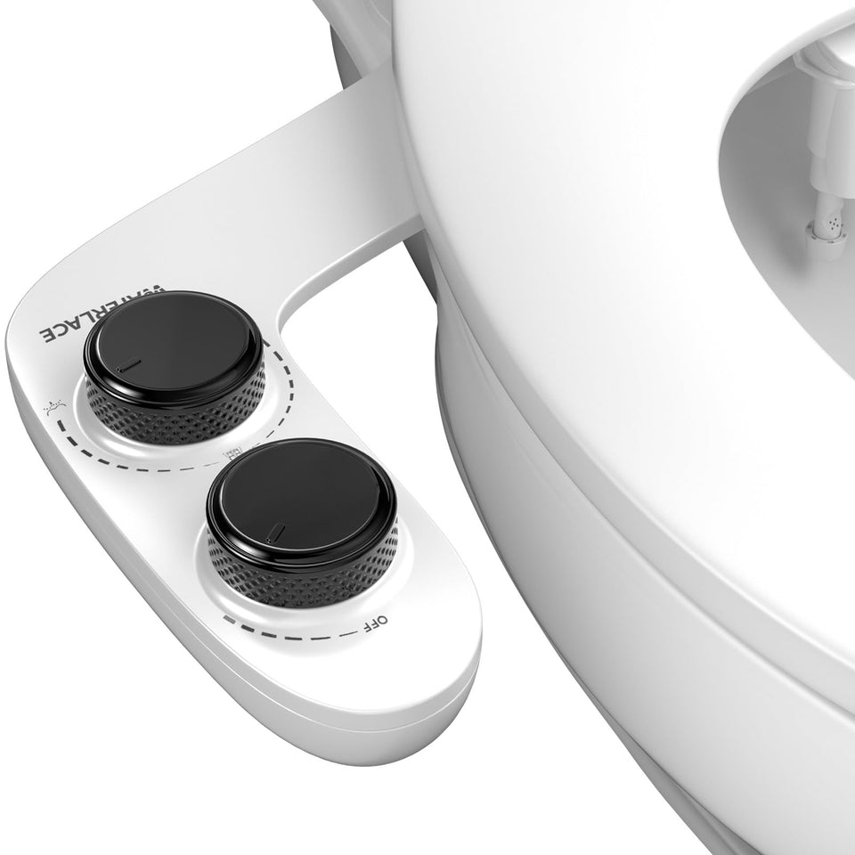 WaterLace bidet attachment front view with dual nozzles for versatile wash