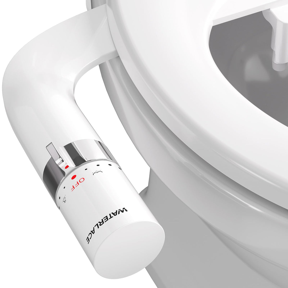 WaterLACE bidet attachment with a front wash nozzle for gentle cleaning.