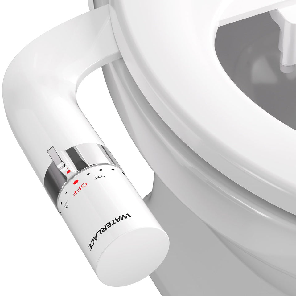 WaterLACE bidet attachment with a front wash nozzle for gentle cleaning.