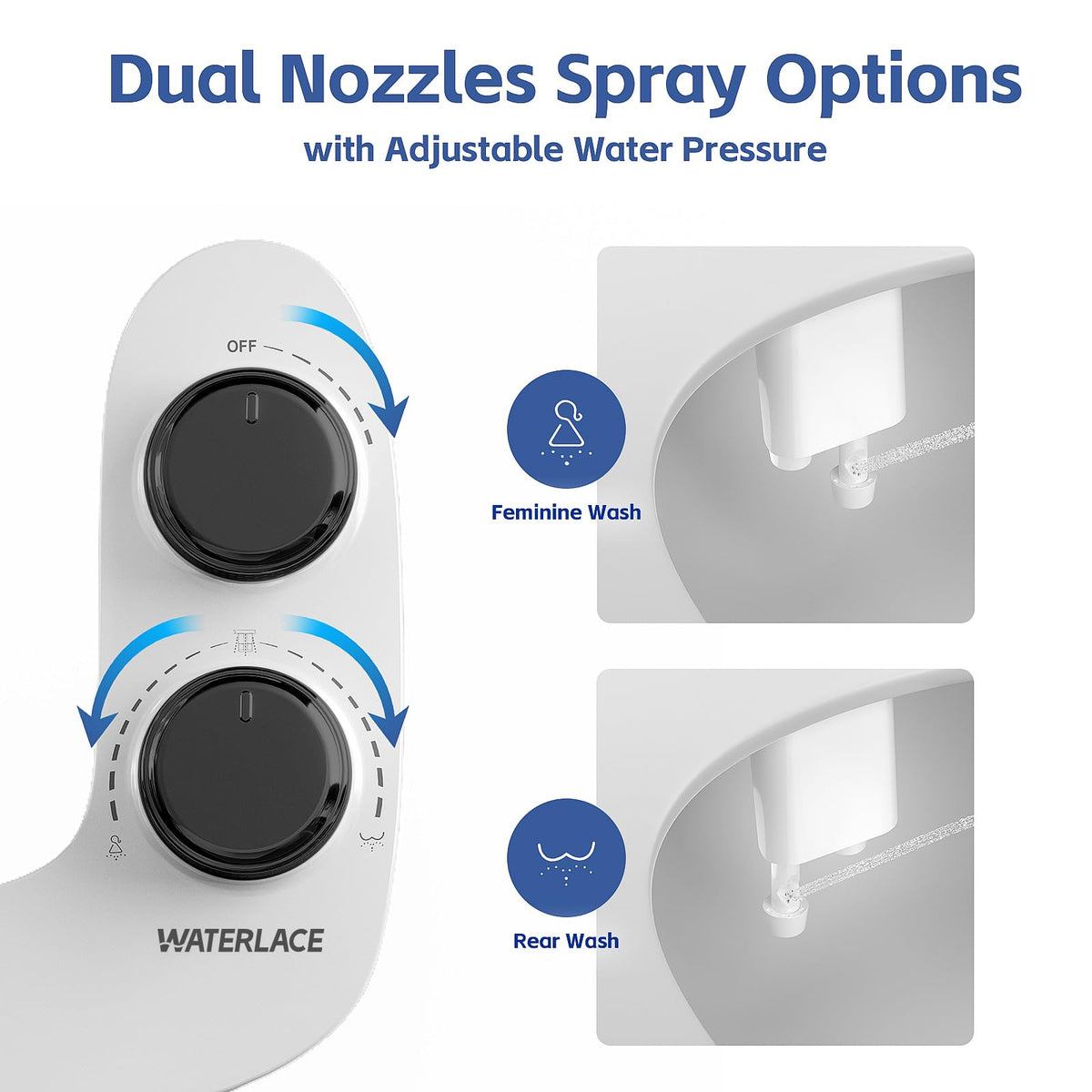 WaterLace bidet attachment with self-cleaning nozzles for hygiene