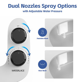 WaterLace bidet attachment with self-cleaning nozzles for hygiene