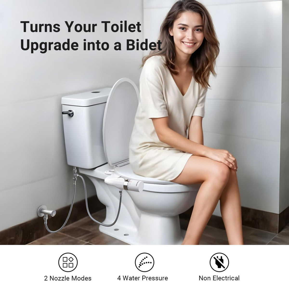 WaterLACE bidet attachment with a rear wash nozzle for thorough cleansing.