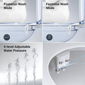 WaterLACE bidet attachment features a self-cleaning nozzle for hygiene.