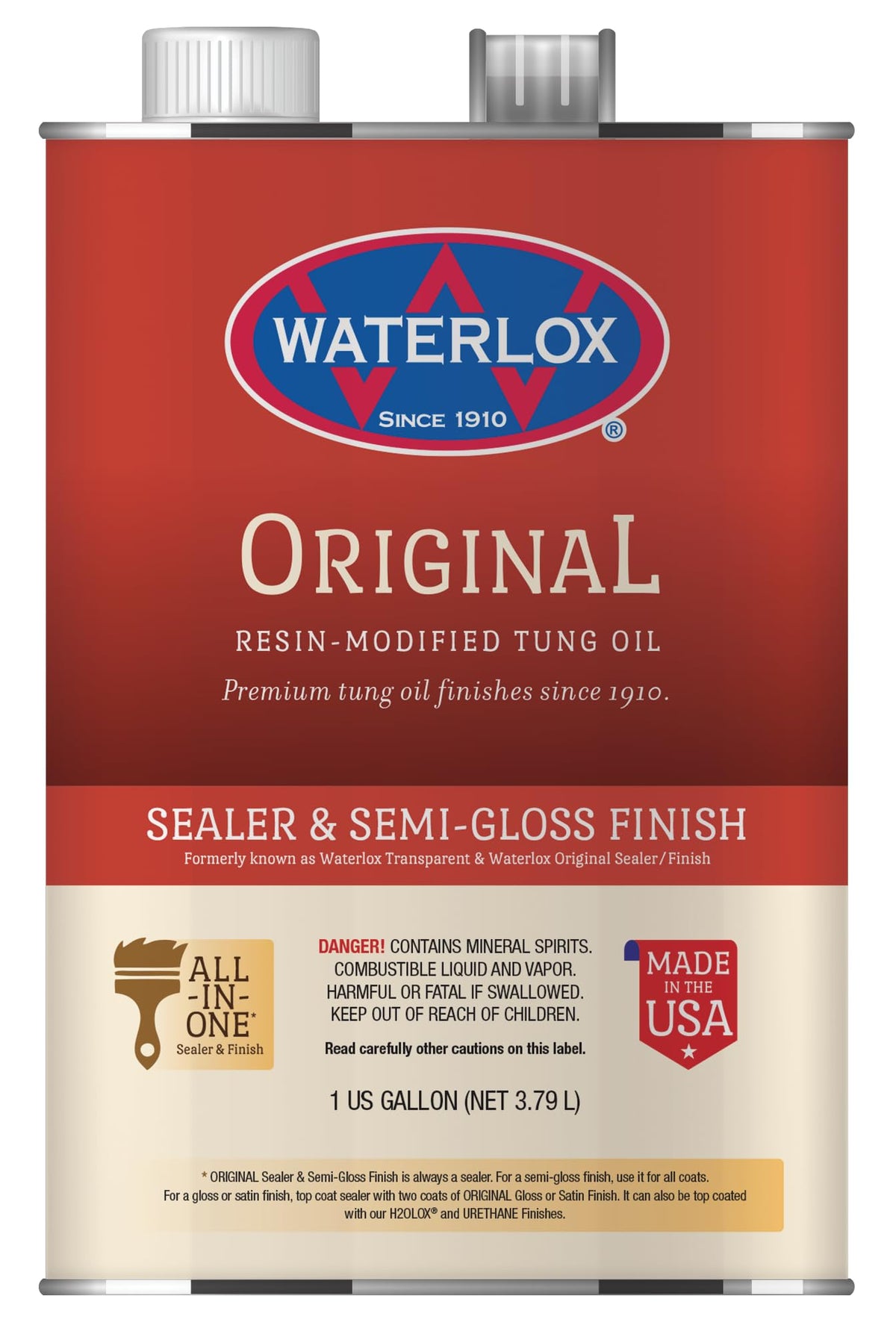 Waterlox Original Sealer and Finish 1gal bottle provides durable water resistance for wood.
