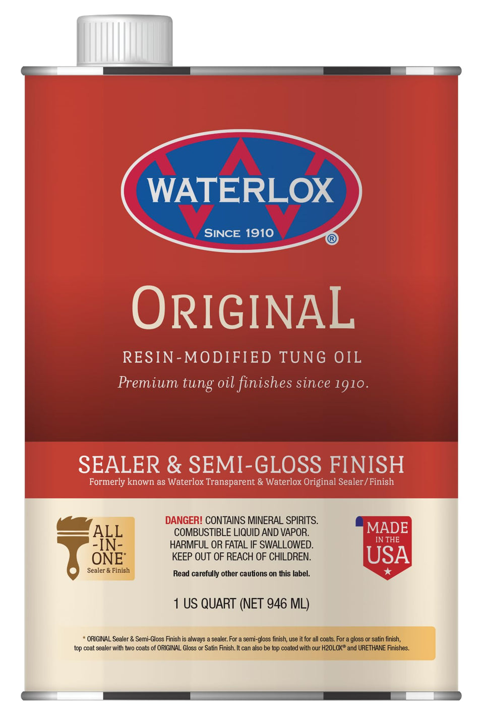Waterlox Original Sealer and Finish bottle pour showing smooth application and durable wood protection