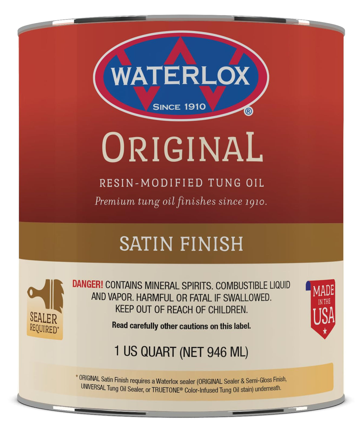 Waterlox TB 6044 Original Satin Finish bottle pour for interior wood protection and satin sheen.