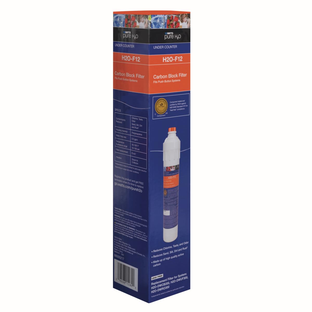 Watts Premier H2O-F12 filter installed under sink enables easy replacement.