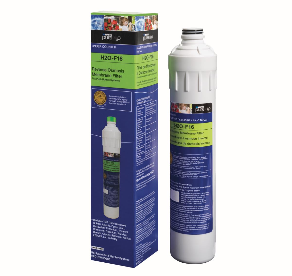 Watts Premier H2O-F16 lead-free certification label signals safety.