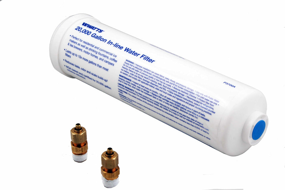 Watts Premier inline filter with 20,000-gallon capacity reduces chlorine taste for fridge and ice maker.