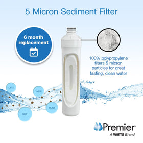 Watts Premier RO Pure Plus push-button release enables tool-free filter swaps.