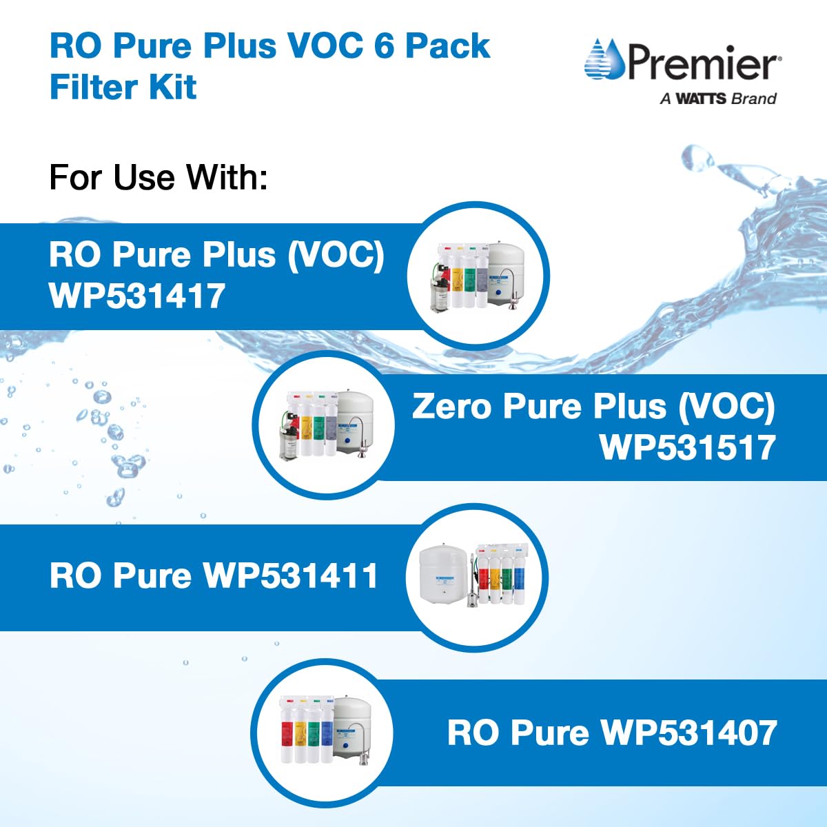 Watts Premier RO Pure Plus VOC filter 1 micron removes organic compounds for cleaner tasting water.