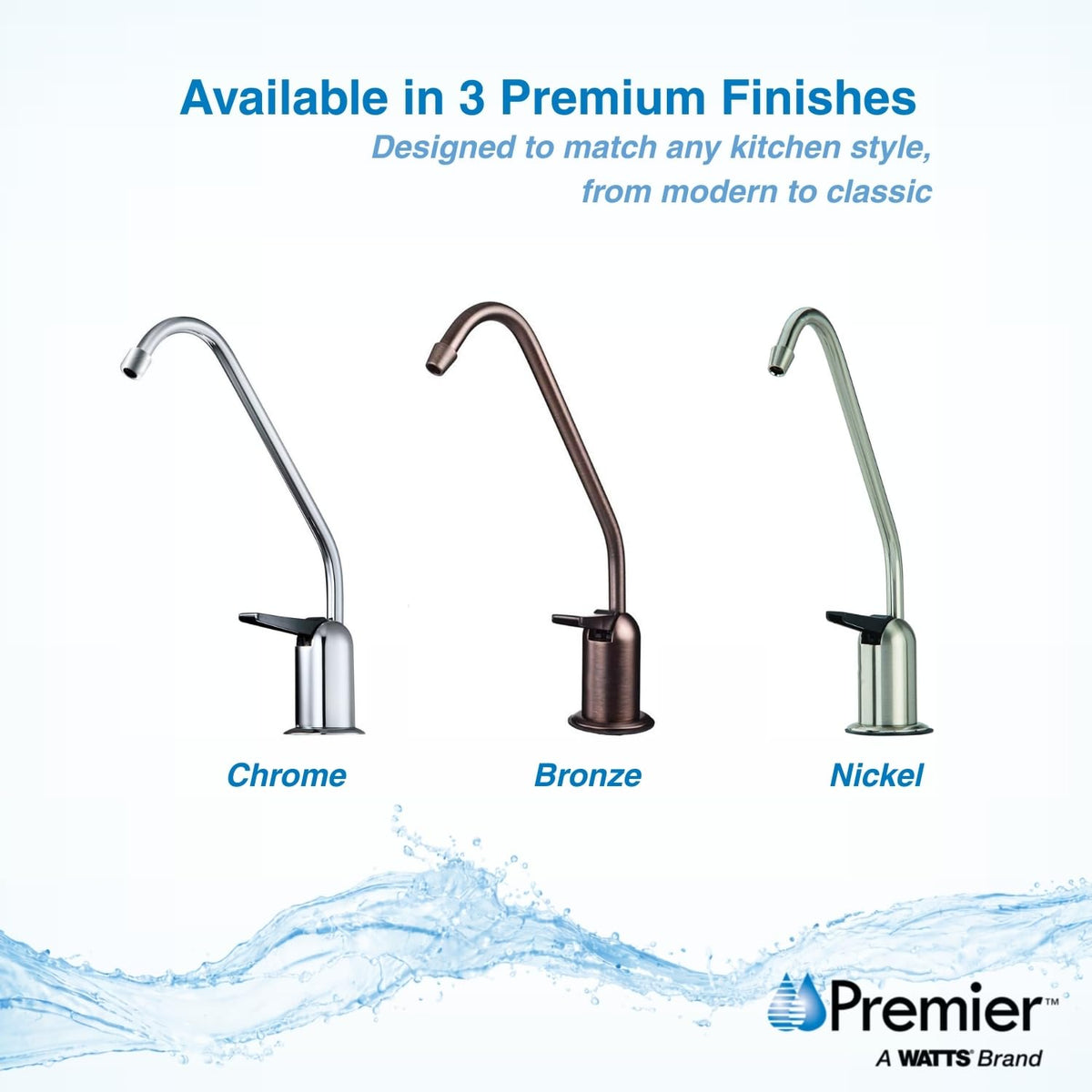 Watts Premier chrome auxiliary faucet with Touch N' Flow handle for easy one-touch dispensing.