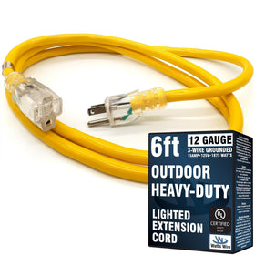 Watts Wire 6ft outdoor extension cord shown for rugged outdoor use with tools and lights.