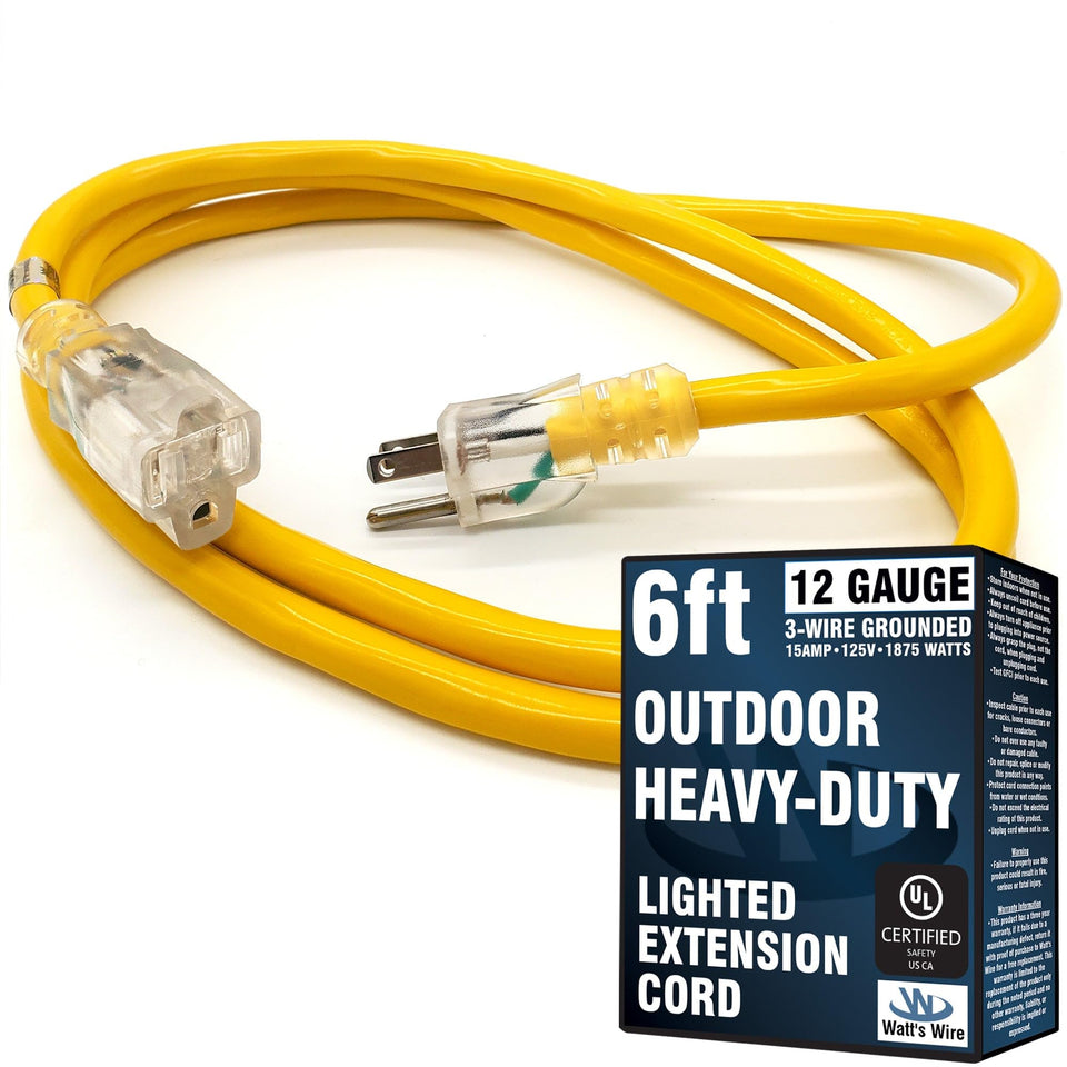 Watts Wire 6ft outdoor extension cord shown for rugged outdoor use with tools and lights.