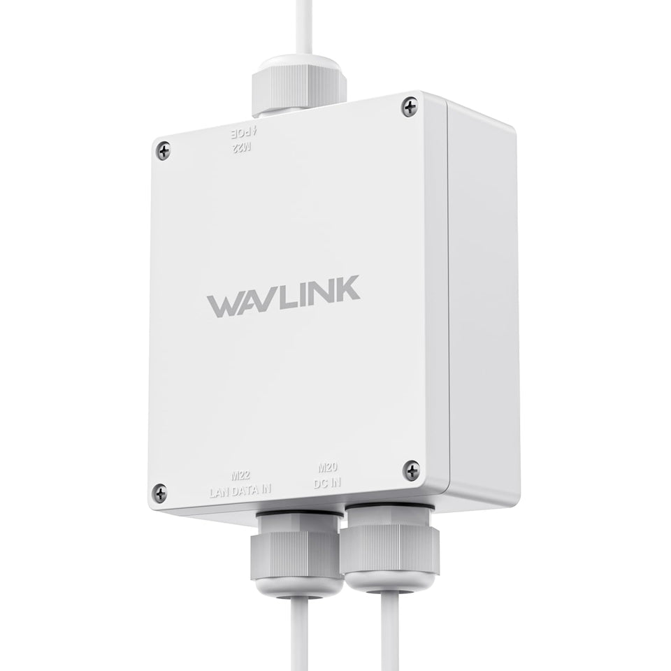 WAVLINK outdoor PoE enclosure front view showcasing weatherproof housing
