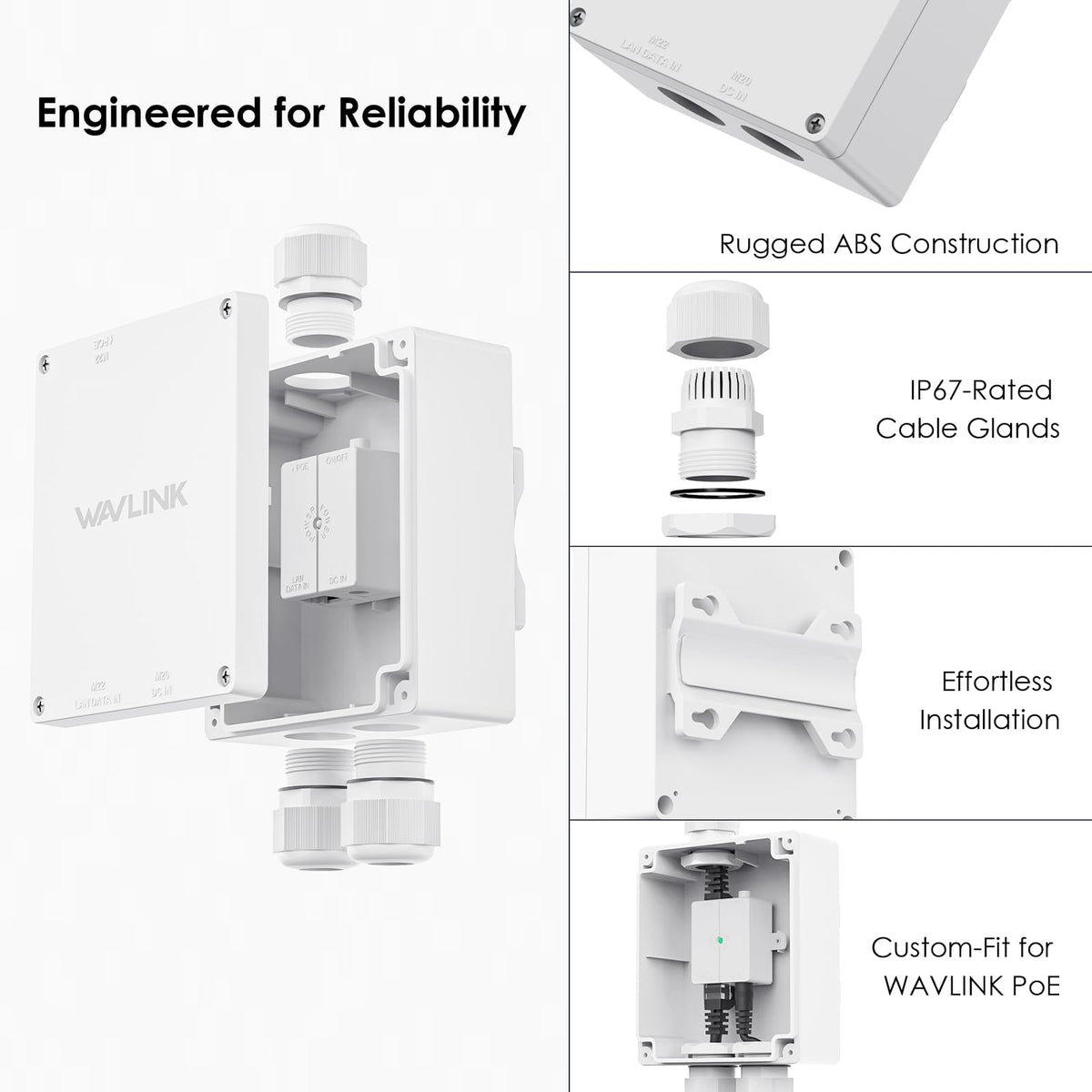Integrated wall-mount ears on WAVLINK enclosure for quick installation