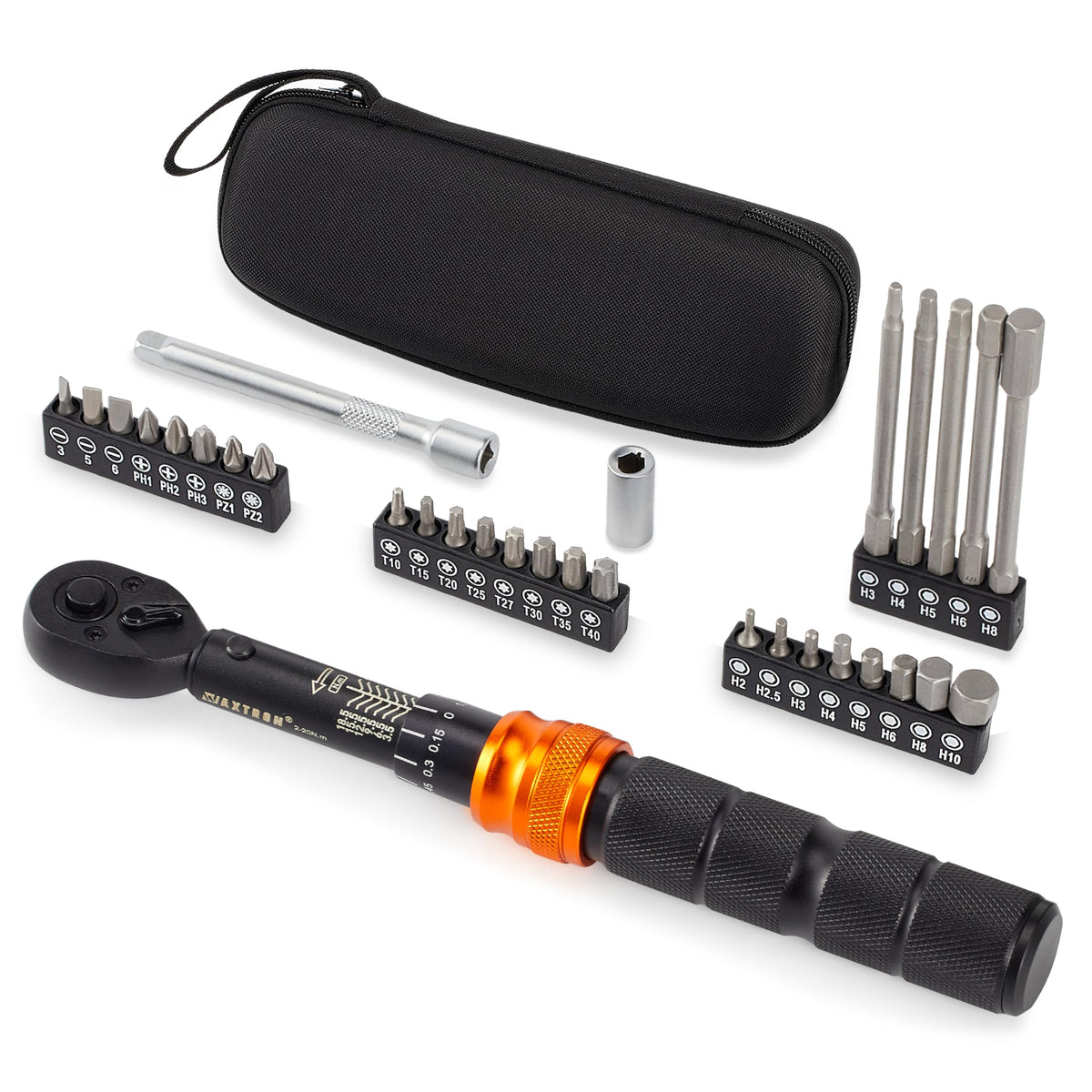 Waxtron torque wrench set in portable case for bike maintenance.