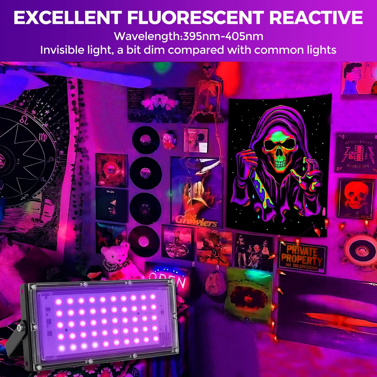 Waygor 395nm UV light highlights fluorescent decor and posters