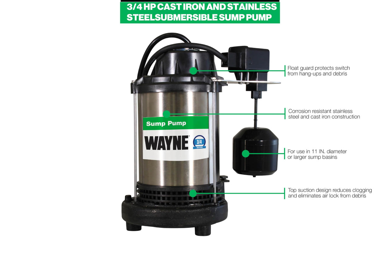 Wayne CDU980ET 1-1/2 inch NPT discharge supports code-compliant installs.