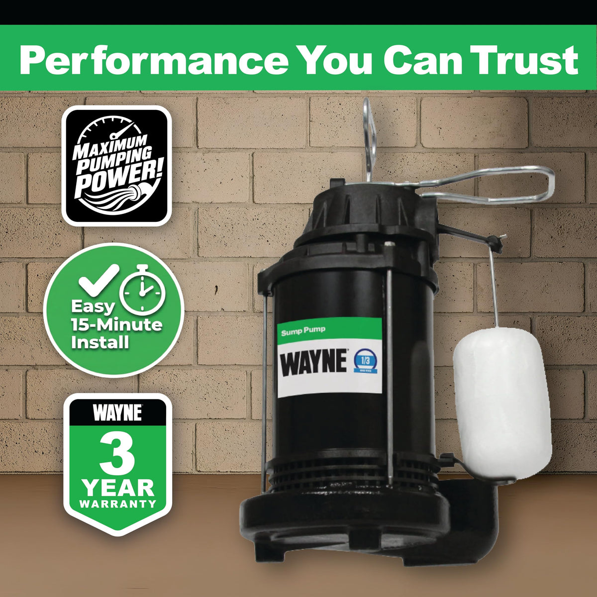 Wayne CDU790 top suction design reducing debris clogs in sump pits.