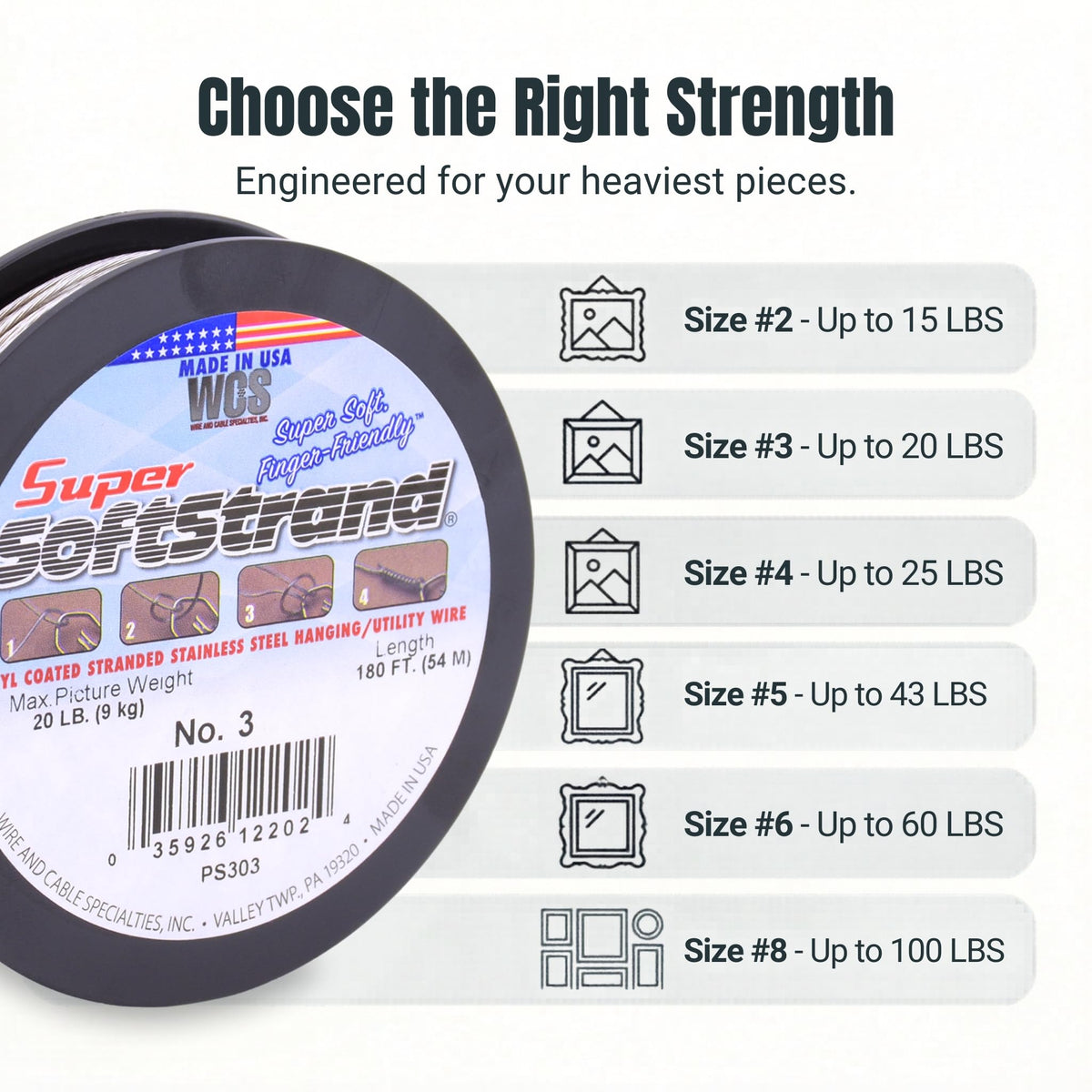 WCS SuperSoftstrand stainless steel core offers durable, low-stretch performance.