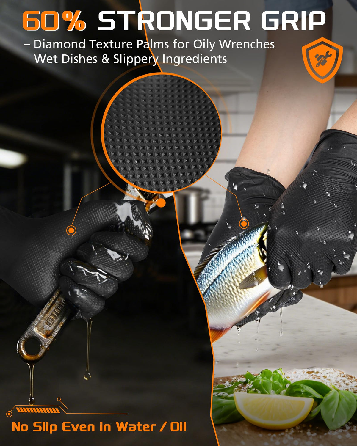 Wcy mechanic-use scene demonstrates rugged protection against grease and sharp tools.
