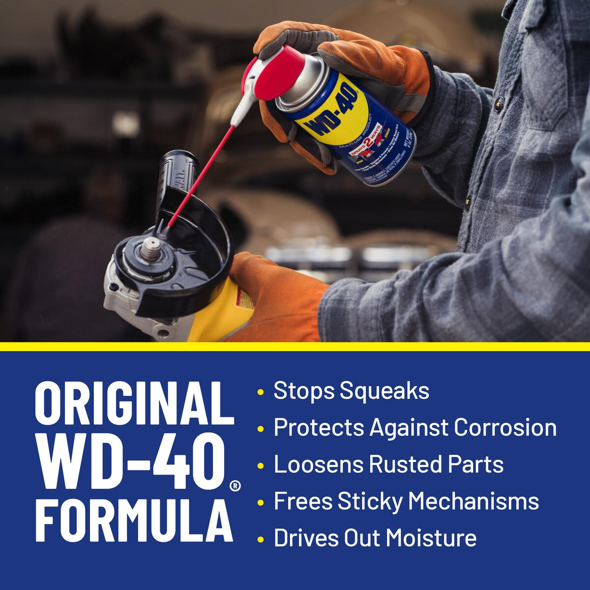 WD-40 bottle closeup nozzle highlights convenient access for tight spaces and quick applications.