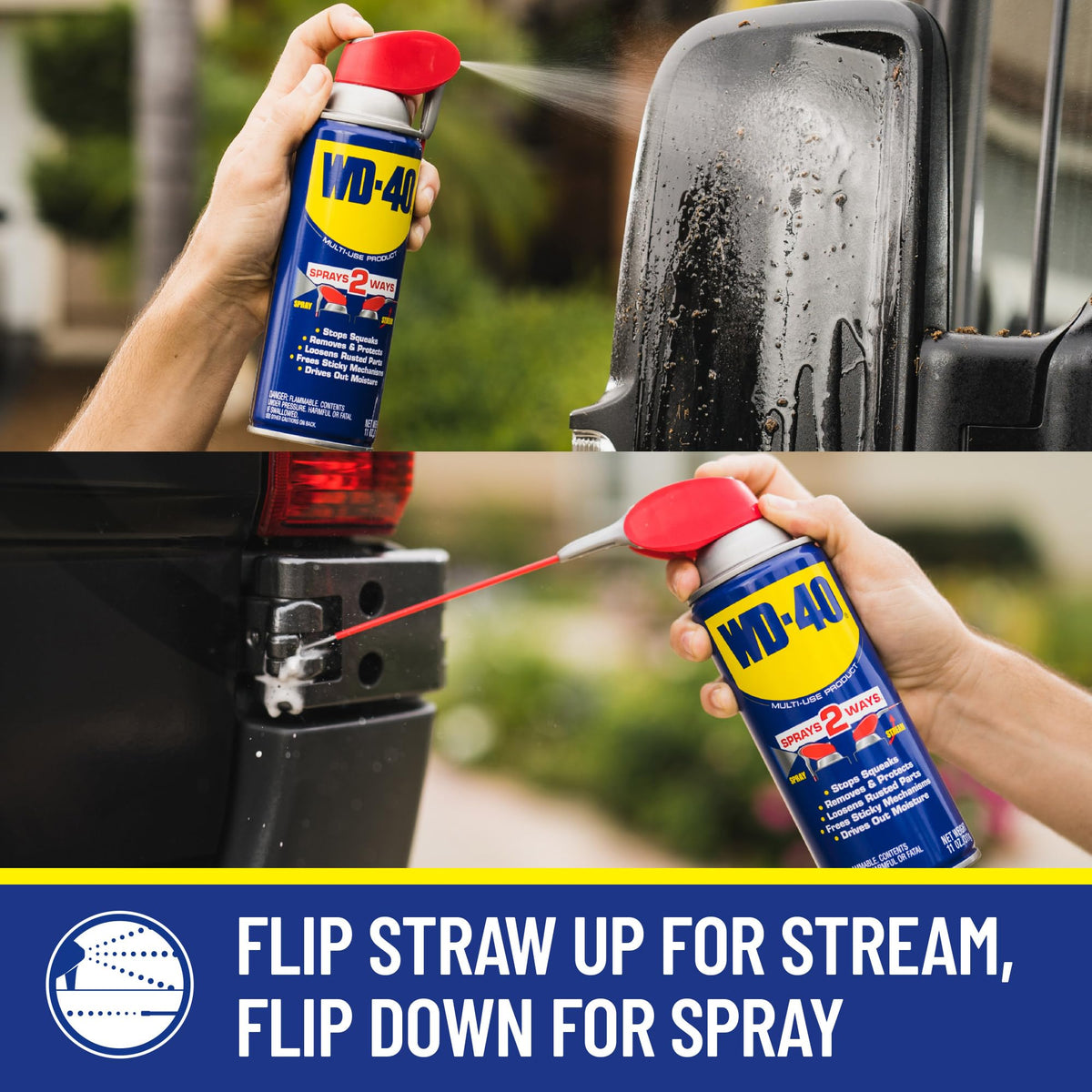 WD-40 Smart Straw extended nozzle closeup showing two-way spray for wide or precise reach.