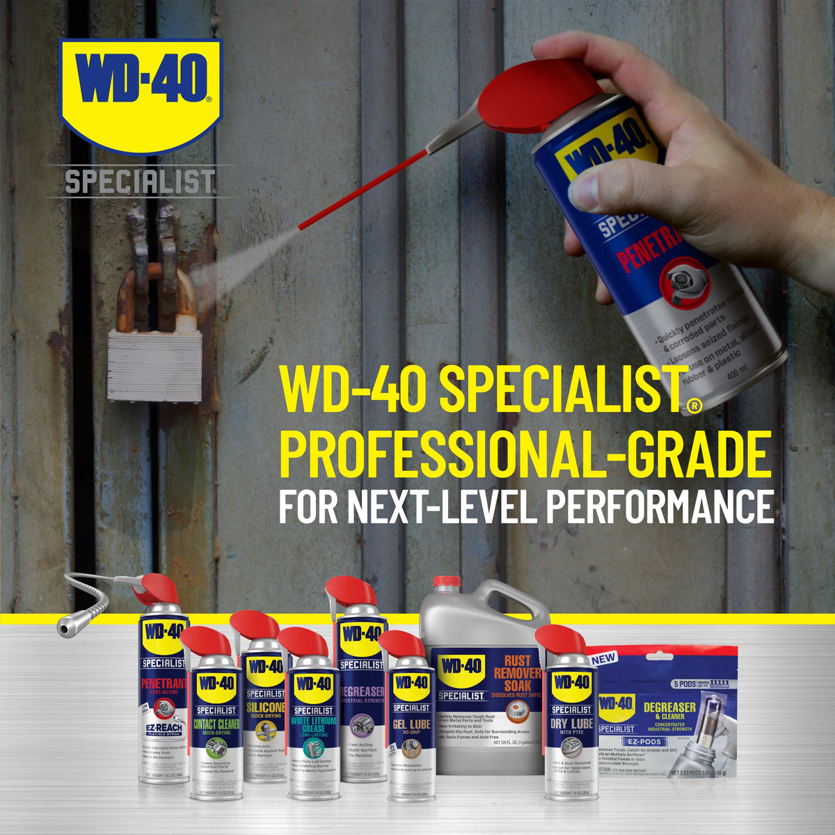 WD-40 Specialist Penetrant low-odor formula in workshop.