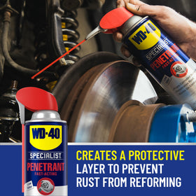 WD-40 Specialist Penetrant safe on metal, rubber, and plastic components.