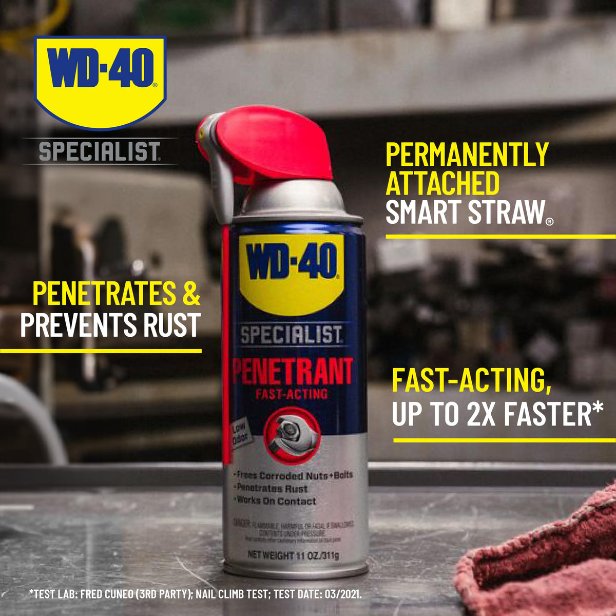 WD-40 Specialist Penetrant nozzle detail showing precise narrow spray mode.