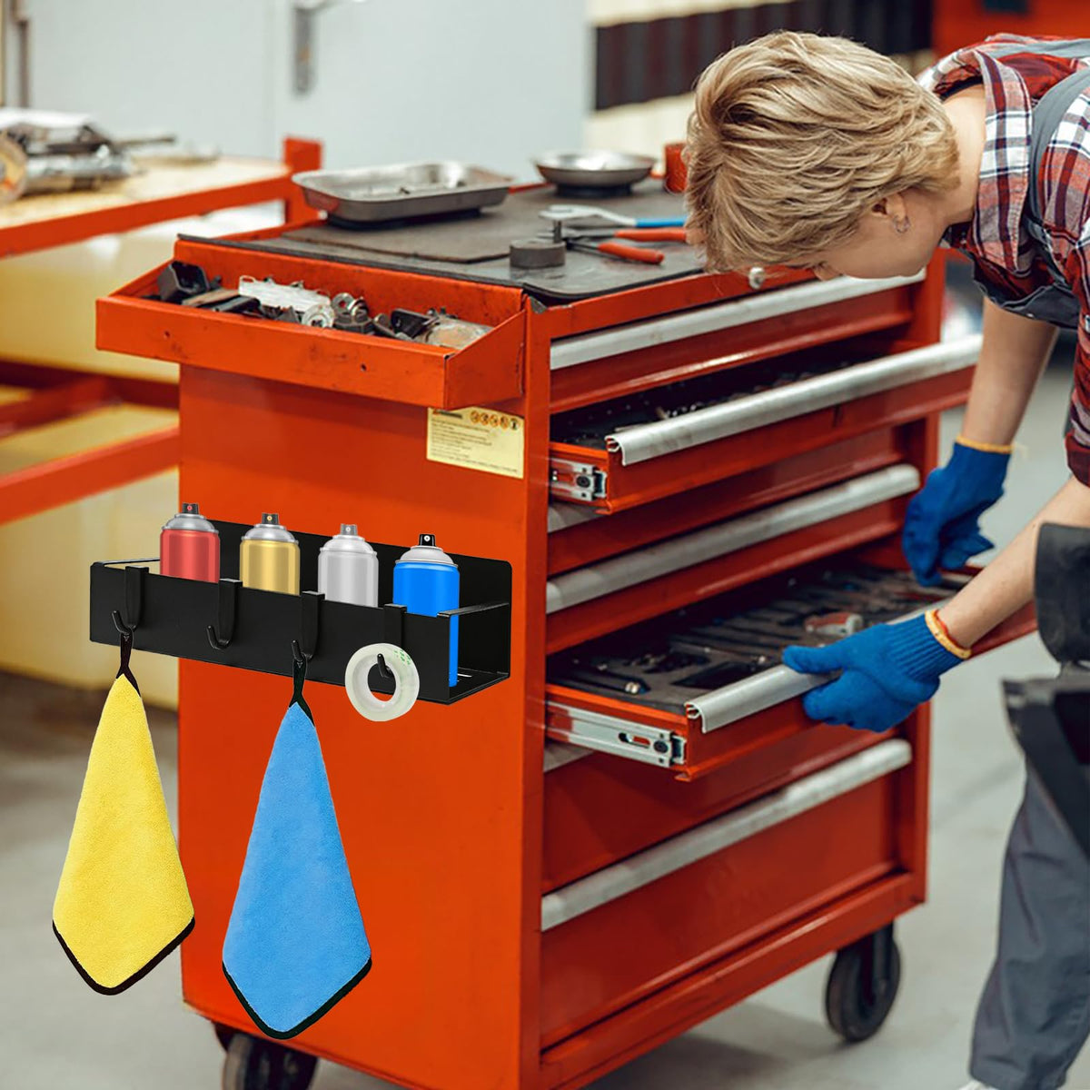 WDBG magnetic spray can holder with hooks for organized tools and cans.