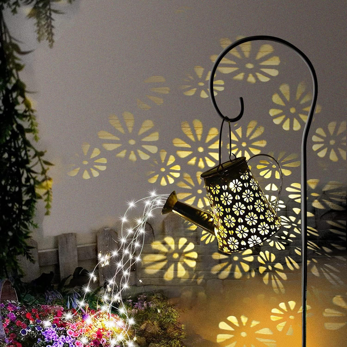 WDLFCGC solar watering can light copper strands glow along patio deck at night