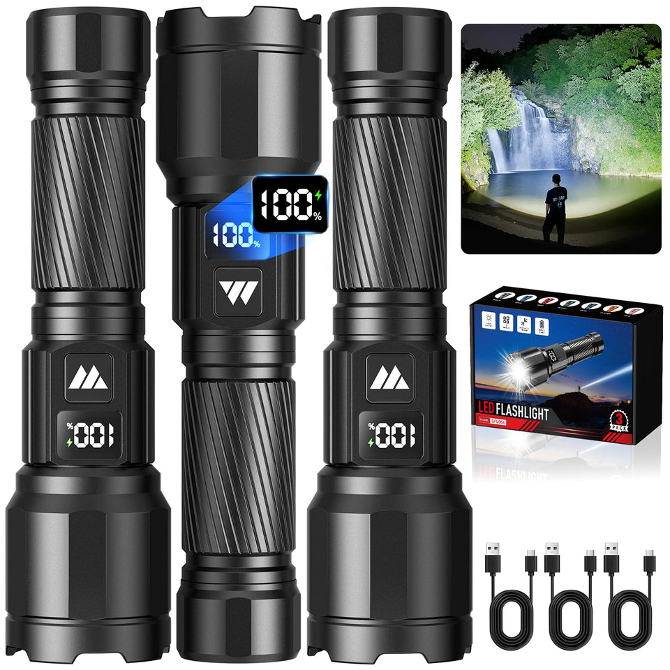 WdtPro 3 pack rechargeable flashlights hero image showing three bright units for home or outdoor use