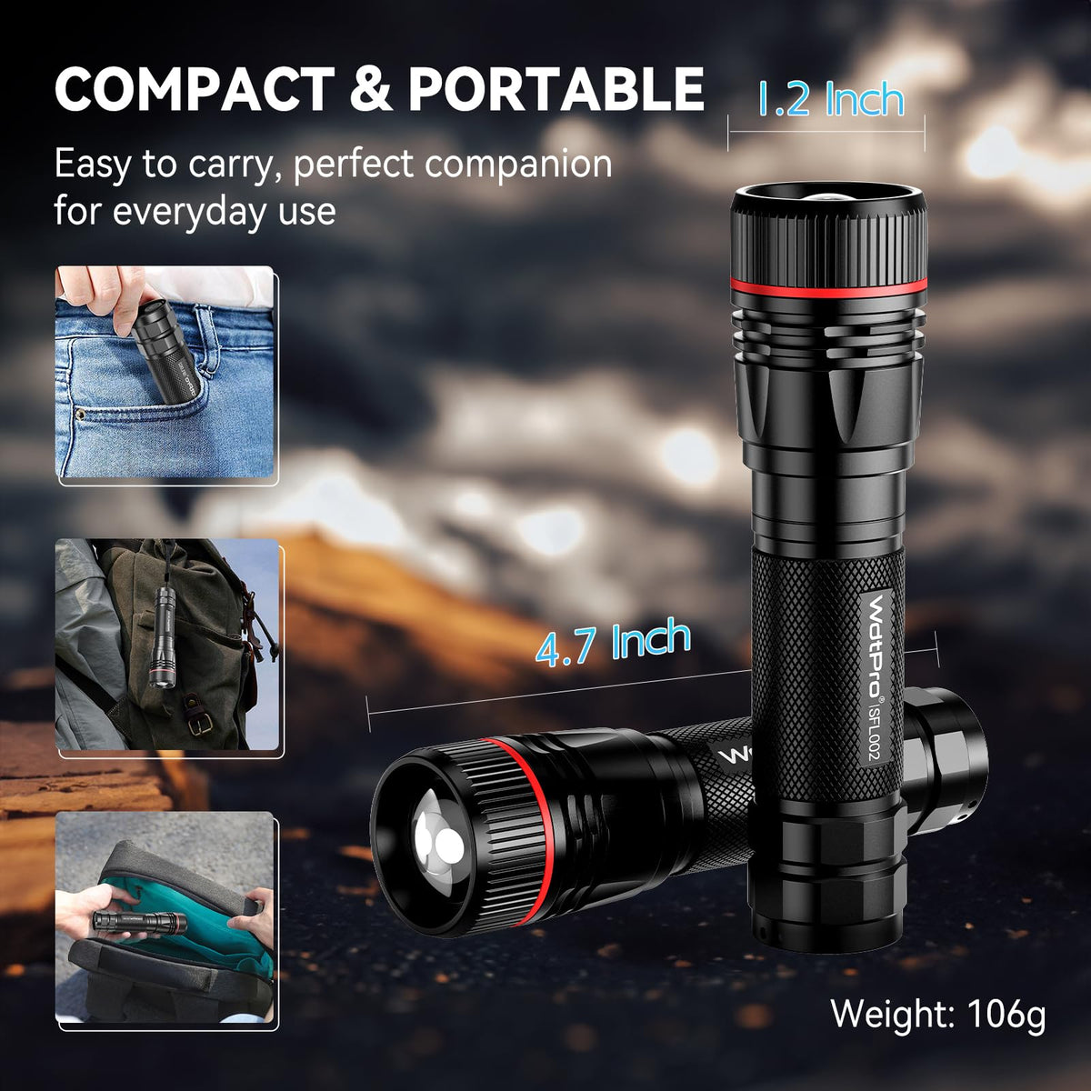 WdtPro aluminum body flashlight delivers durable grip and long life.